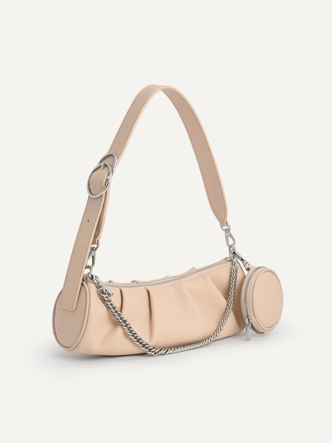 Chain Detailed Ruched Bowling Bag, Nude