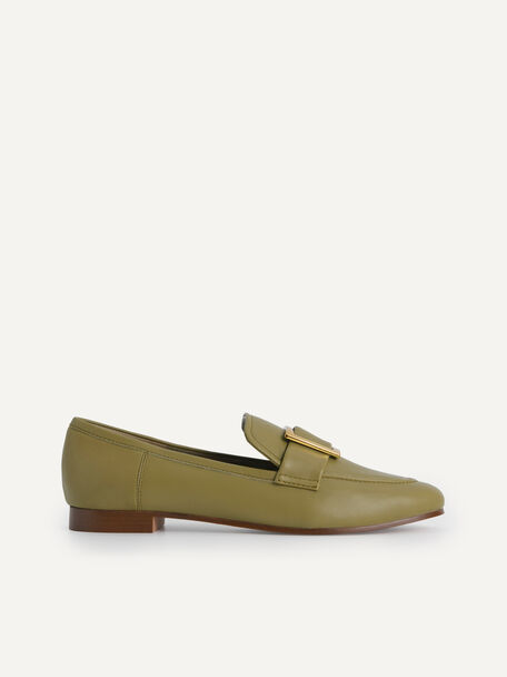 Leather Buckle Loafers, Olive, hi-res