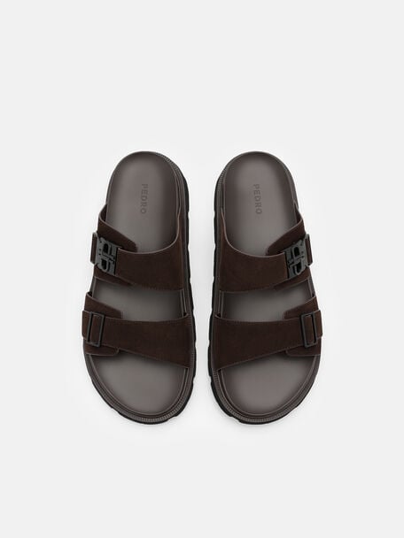 Buckle Slide Sandals, Dark Brown Suede