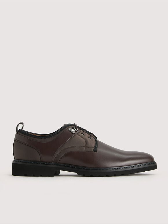Boxed Calf Leather Derby Shoes, Dark Brown