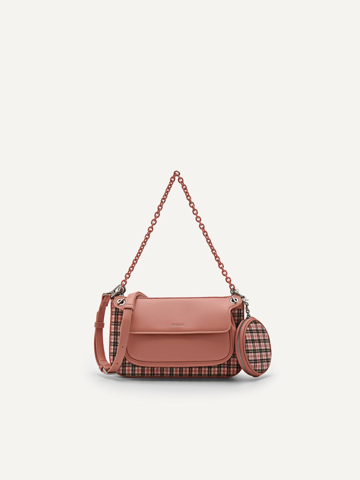 Dilone Houndstooth Double Flap Shoulder Bag, Coral