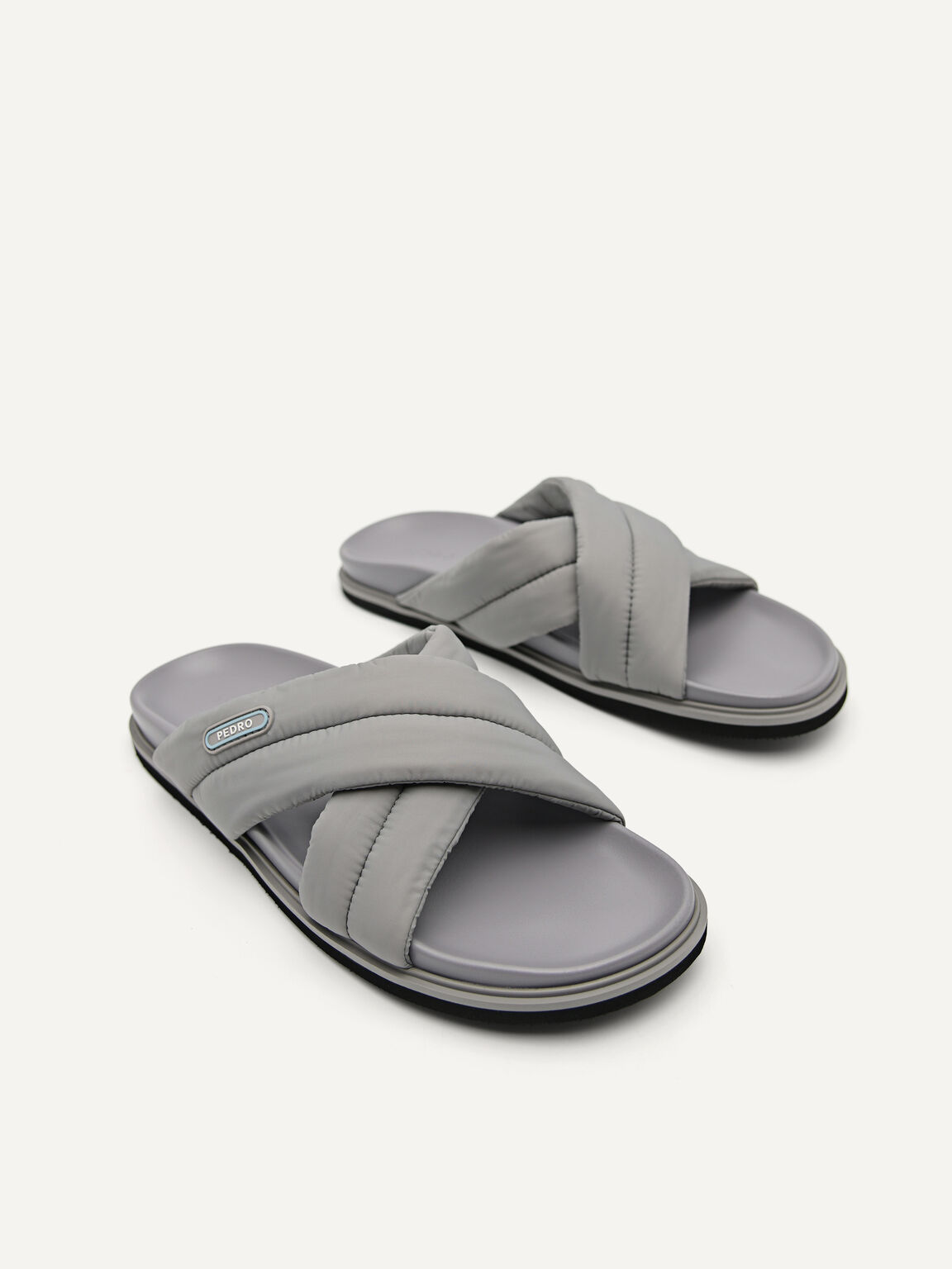 Nylon Puffy Cross-strap Sandals, Grey