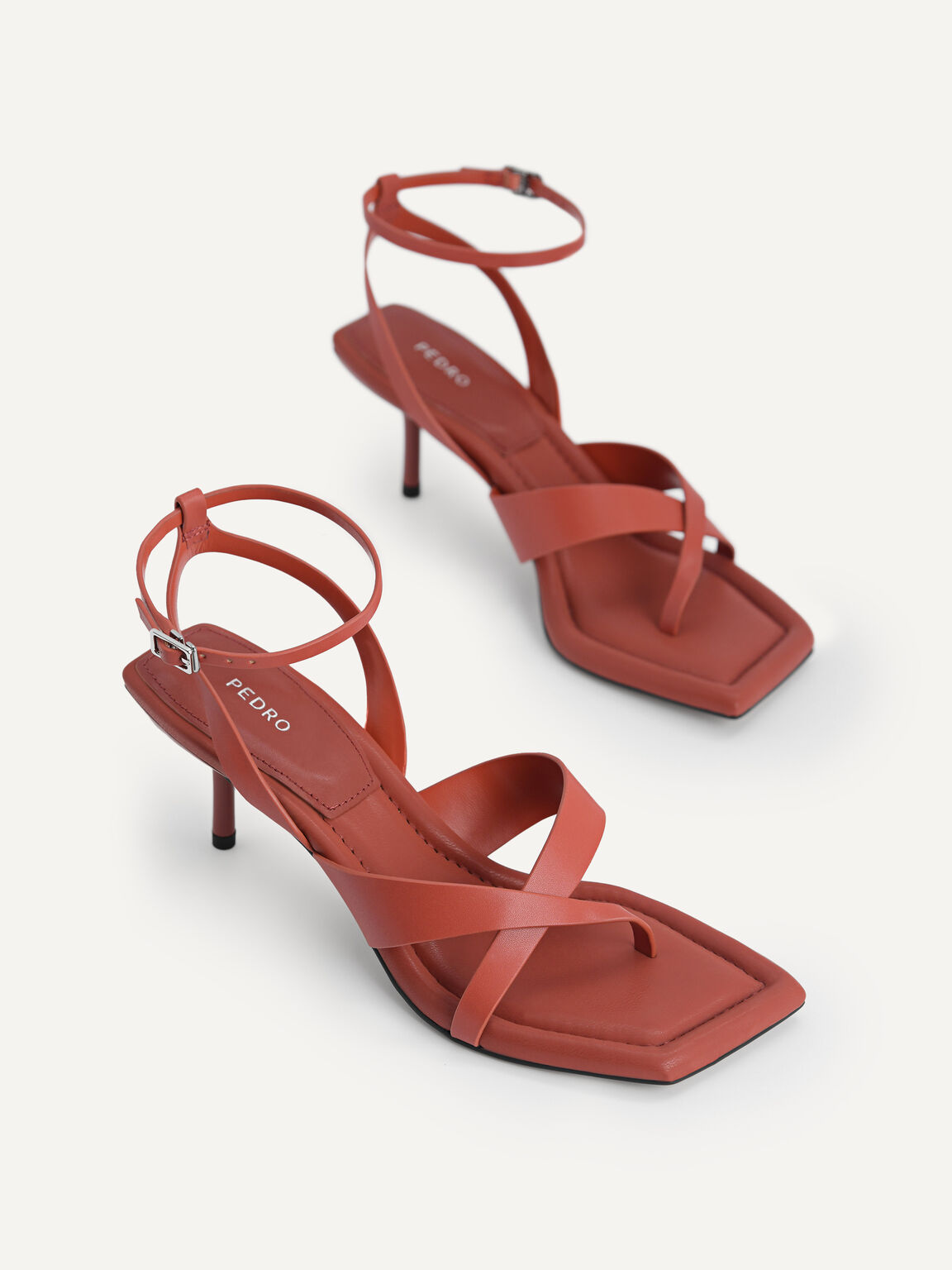 Strappy Square-Toe Heel Sandals, Brick