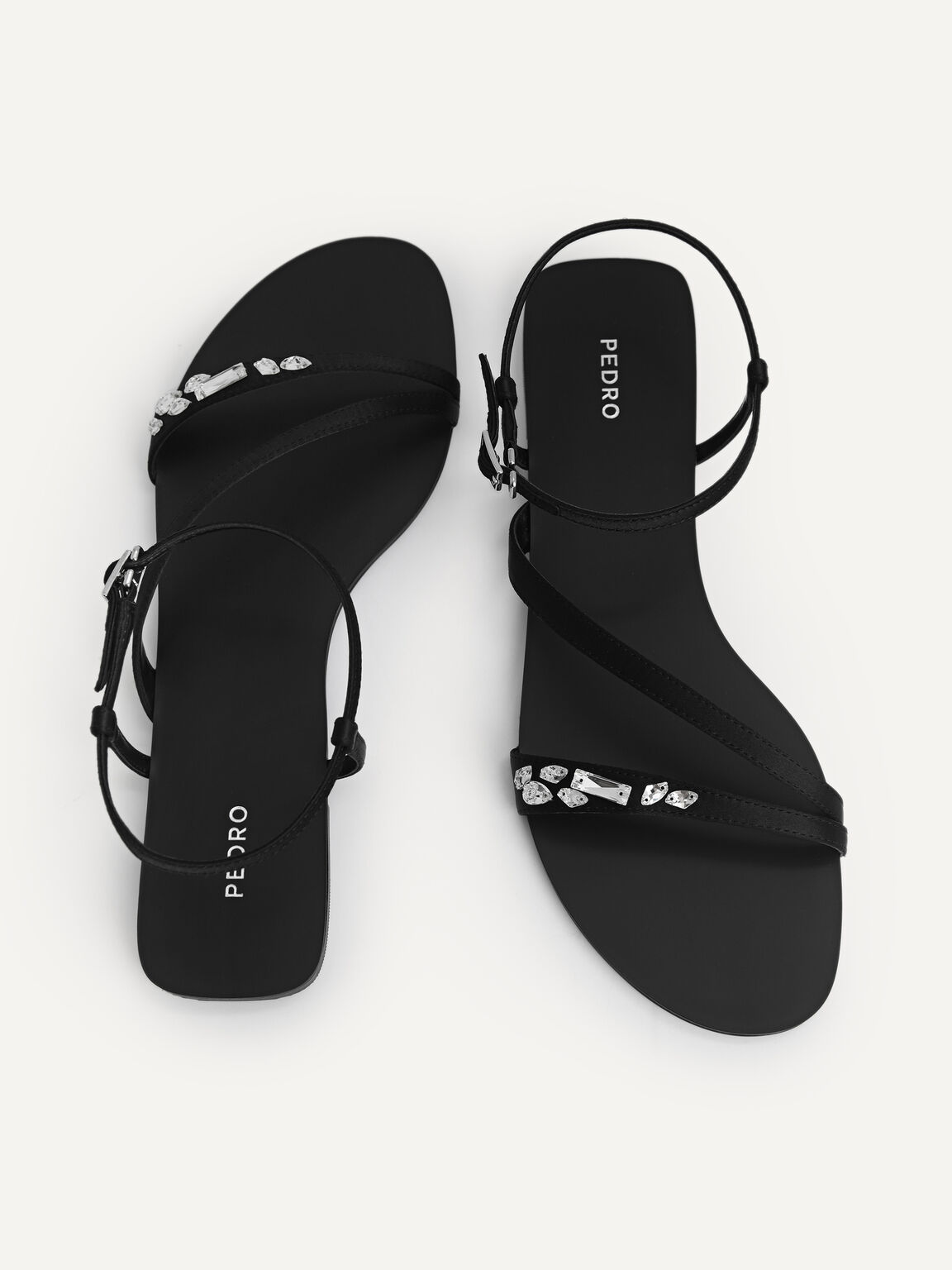 Embellished Satin Strappy Sandals, Black