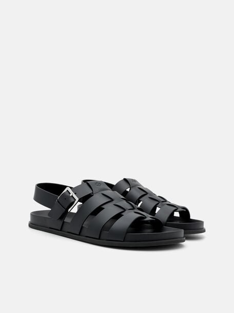 Leather Caged Backstrap Sandals, Black