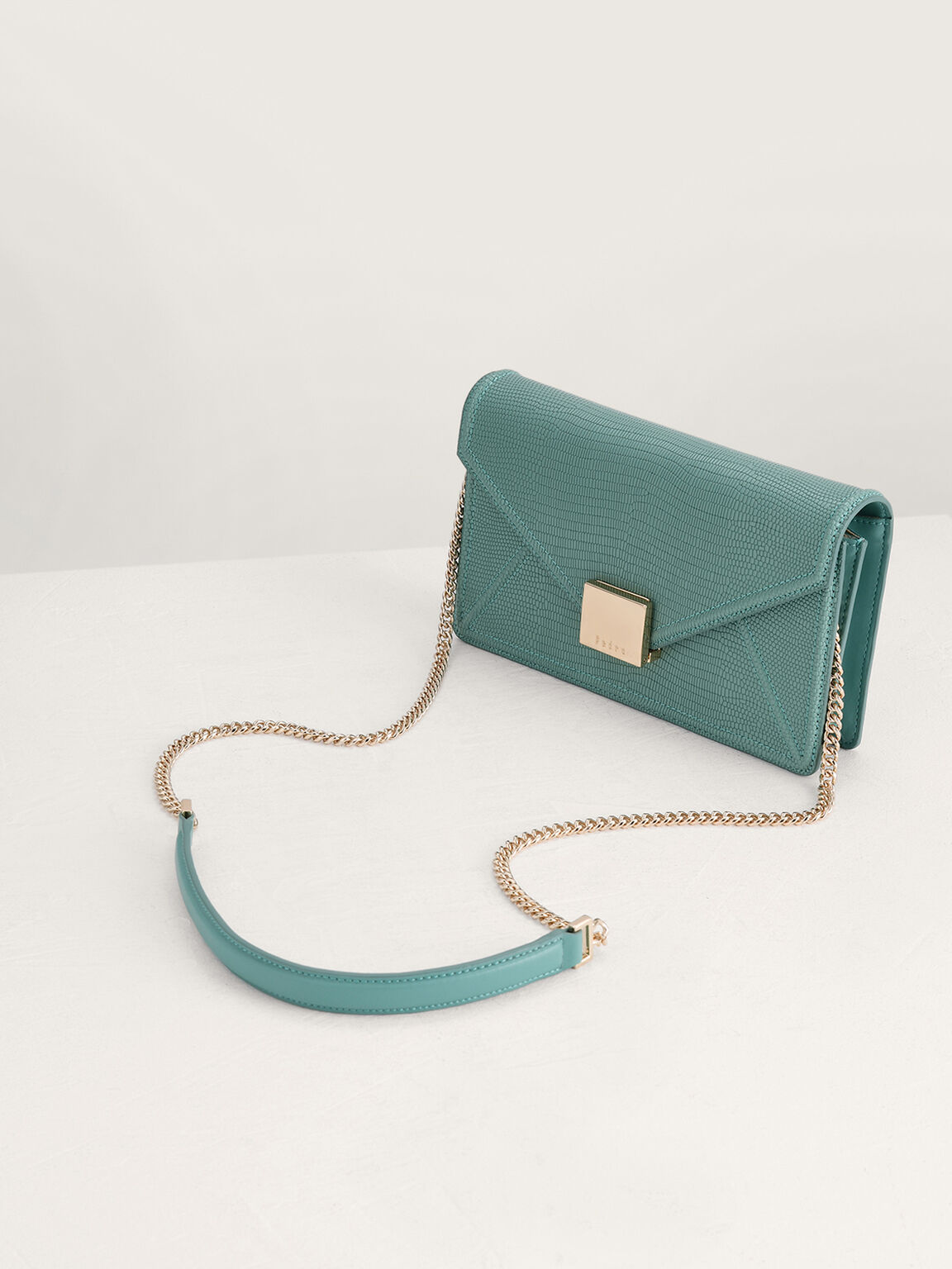 Lizard-Effect Leather Shoulder Bag, Turquoise