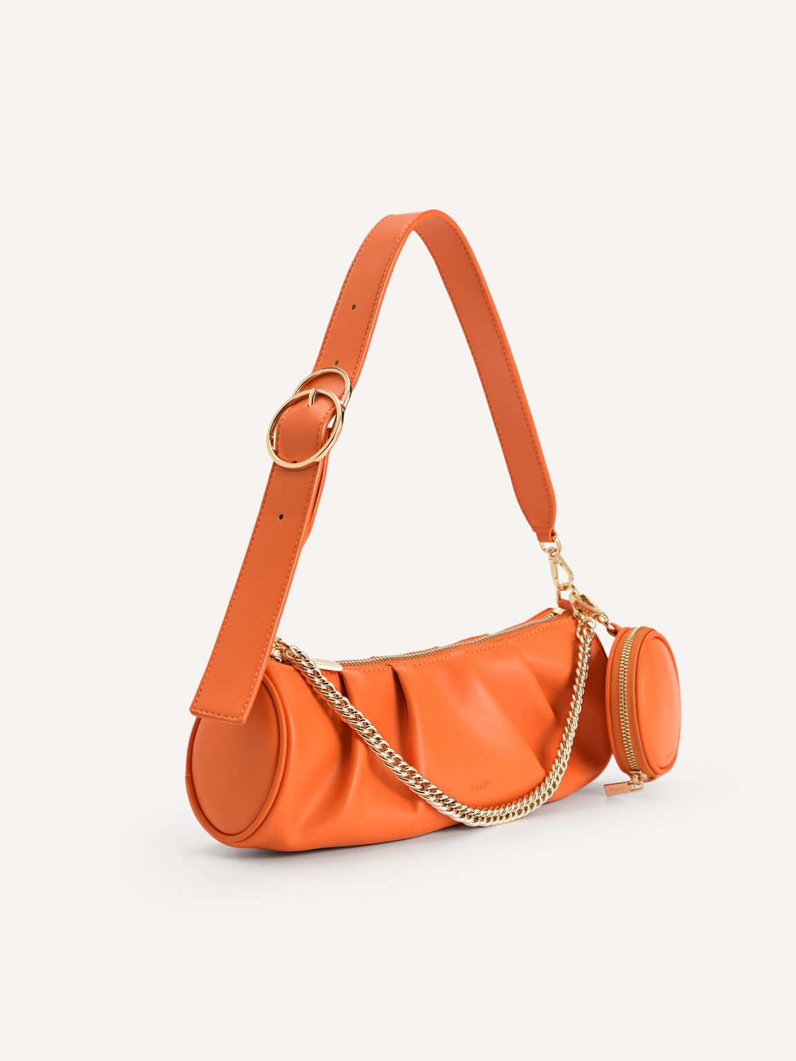Chain Detailed Ruched Bowling Bag, Orange