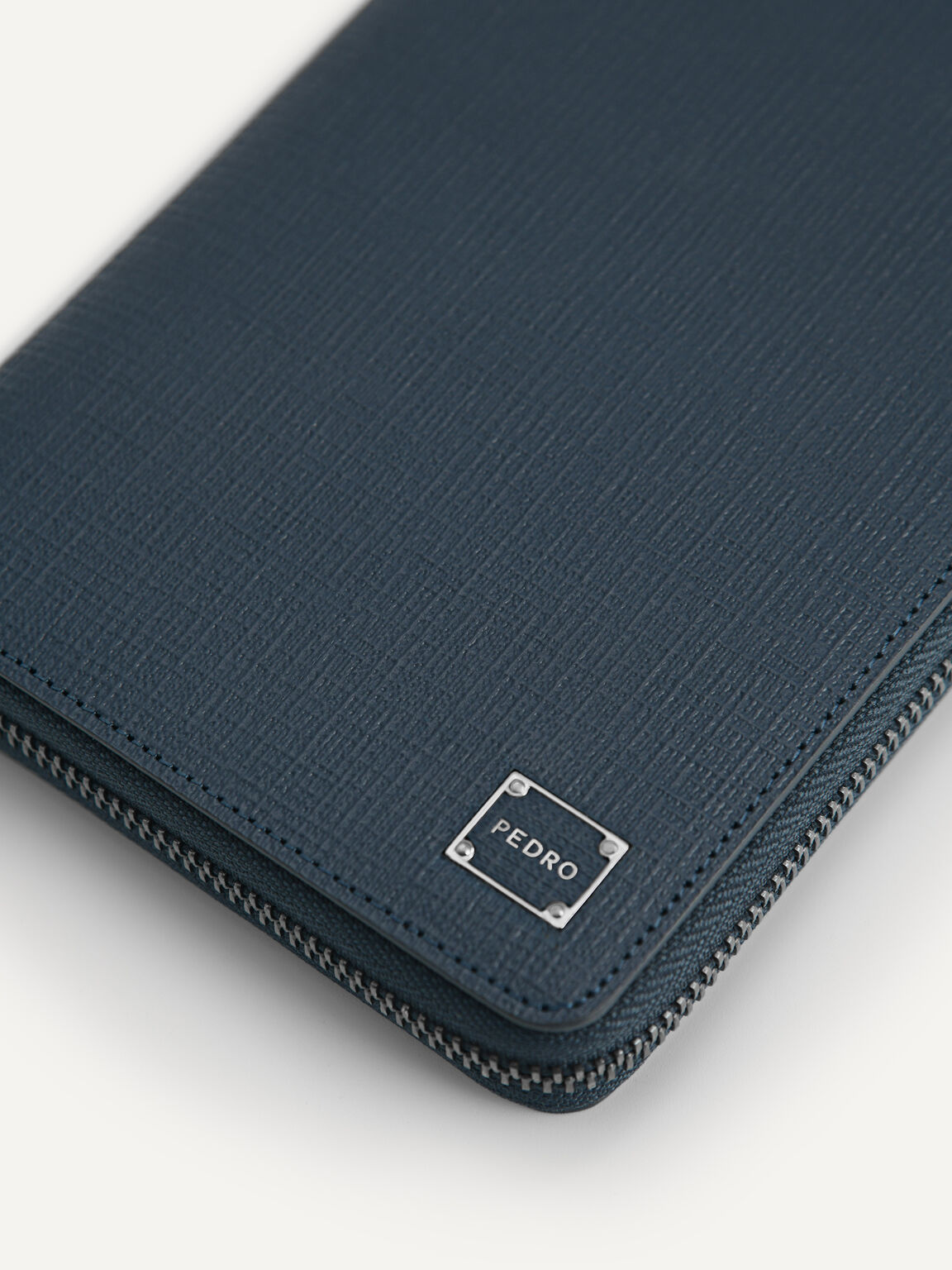 Textured Long Leather Wallet, Navy