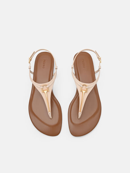 Leather T-Bar Sandals, Beige