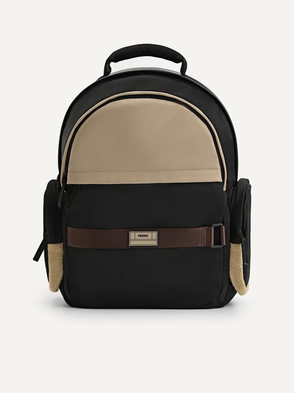 Faux Fur Nylon Backpack, Black