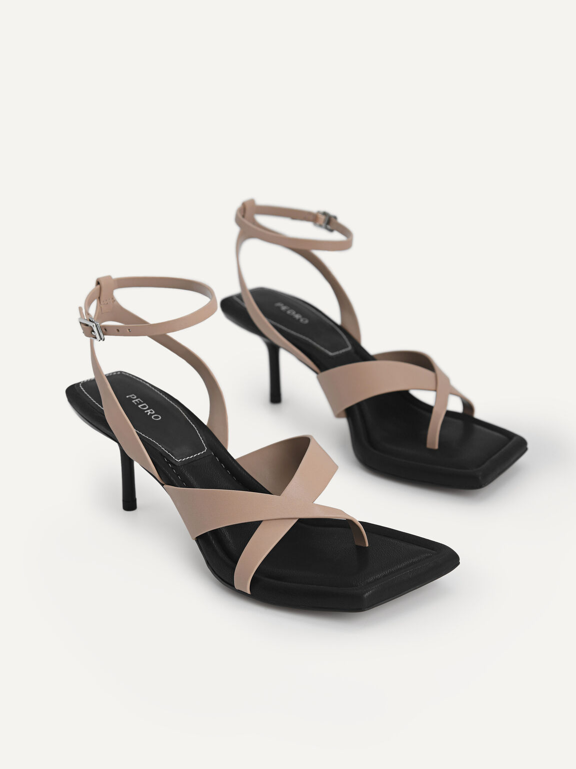 Strappy Square-Toe Heeled Sandals, Taupe