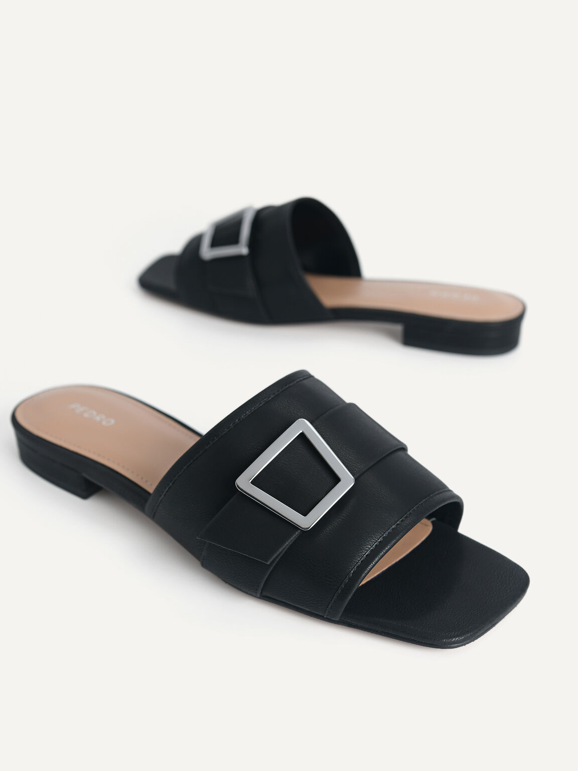 Buckle Slide Sandals, Black