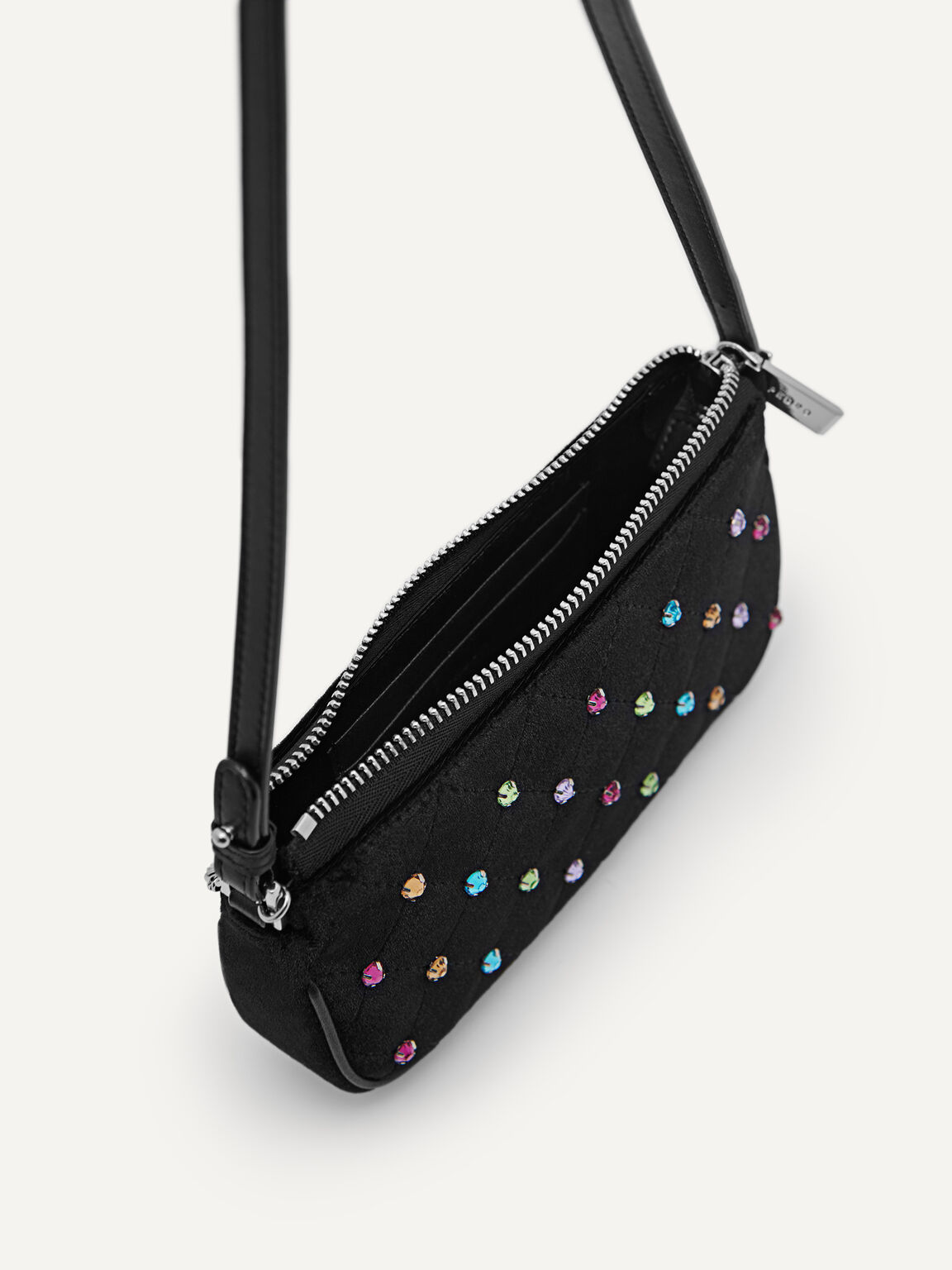 Chain Detailed Bejeweled Shoulder Bag, Black, hi-res