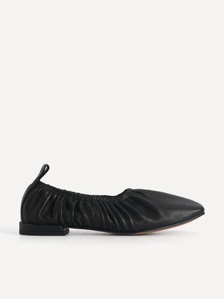Ruched Leather Flats, Black