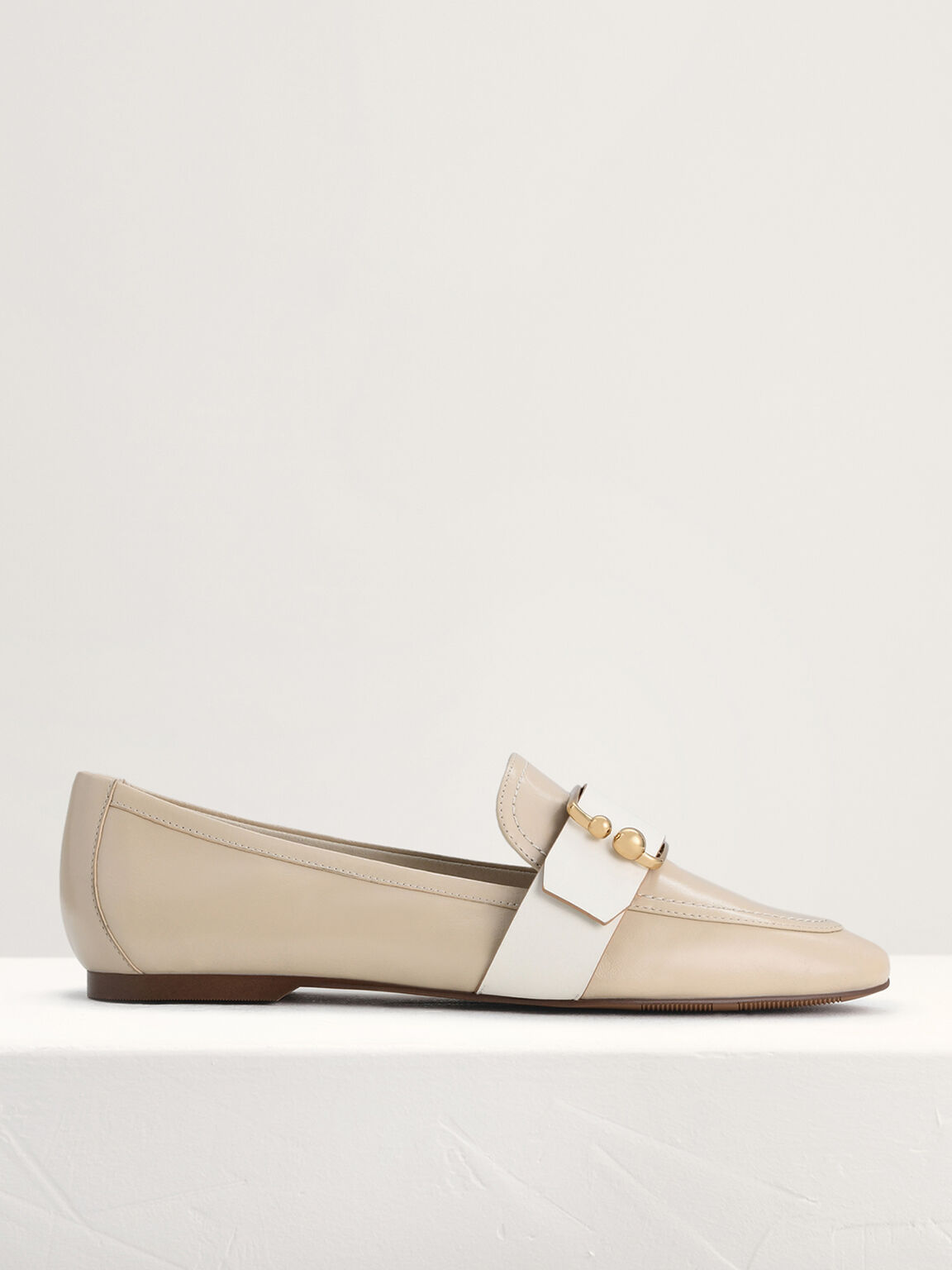 Buckle Leather Loafers, Beige, hi-res