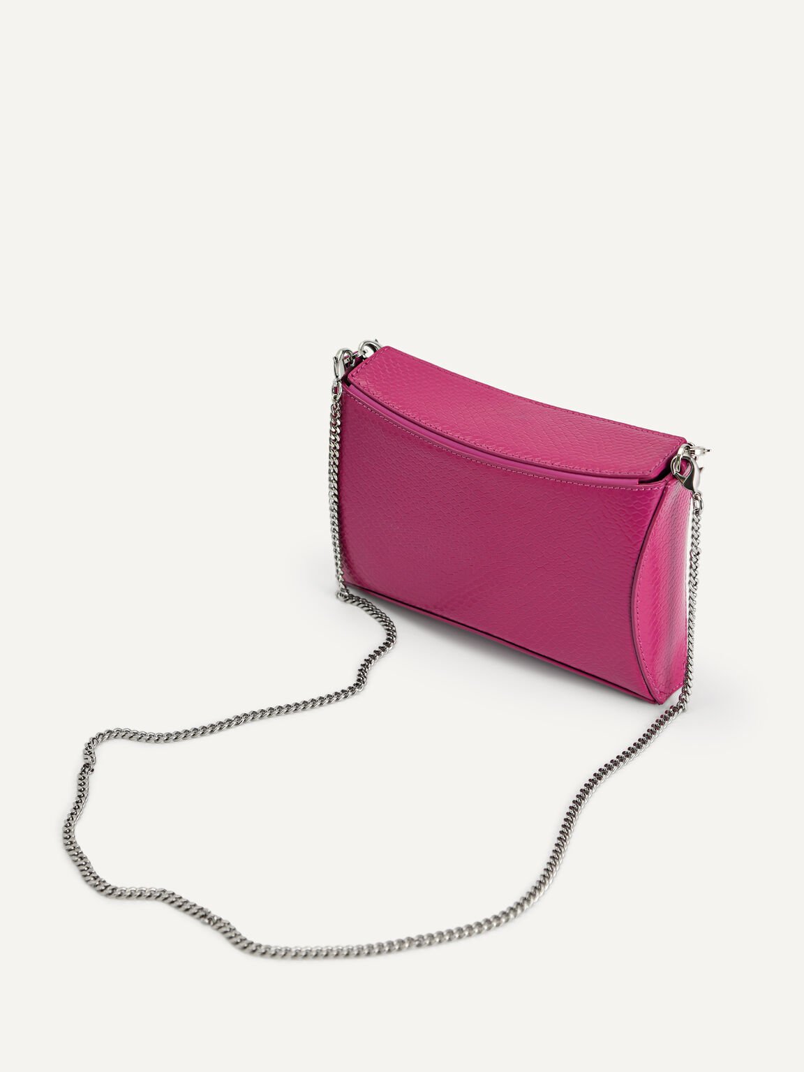 Chain Detailed Snake-Effect Leather Clutch, Fuchsia, hi-res