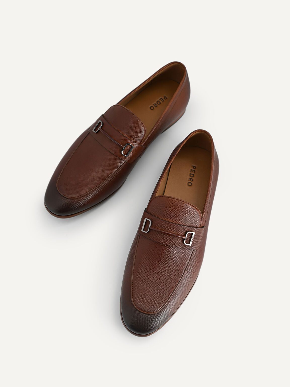Textured Leather Loafers with Metal Bit, Cognac