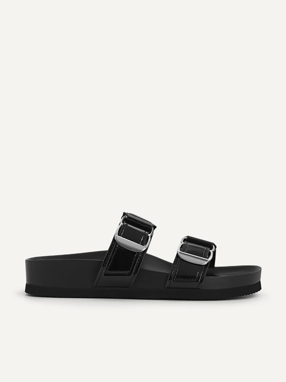 Patent Double Strap Sandals, Black