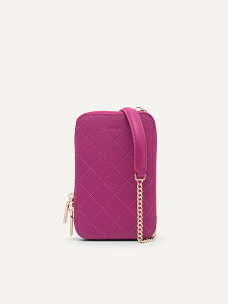 Quilted Pattern Leather Sling Pouch, Fuchsia, hi-res