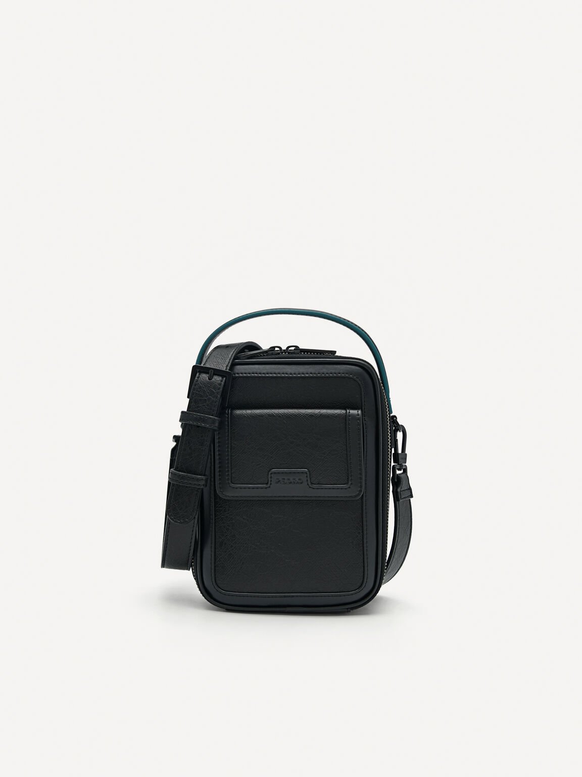 Black Synthetic Leather Zipper Sling Bag, Black