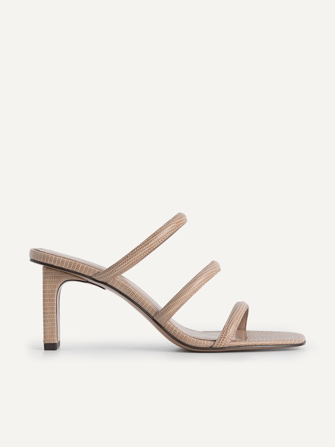 Strappy Heeled Lizard-Effect Sandals, Taupe