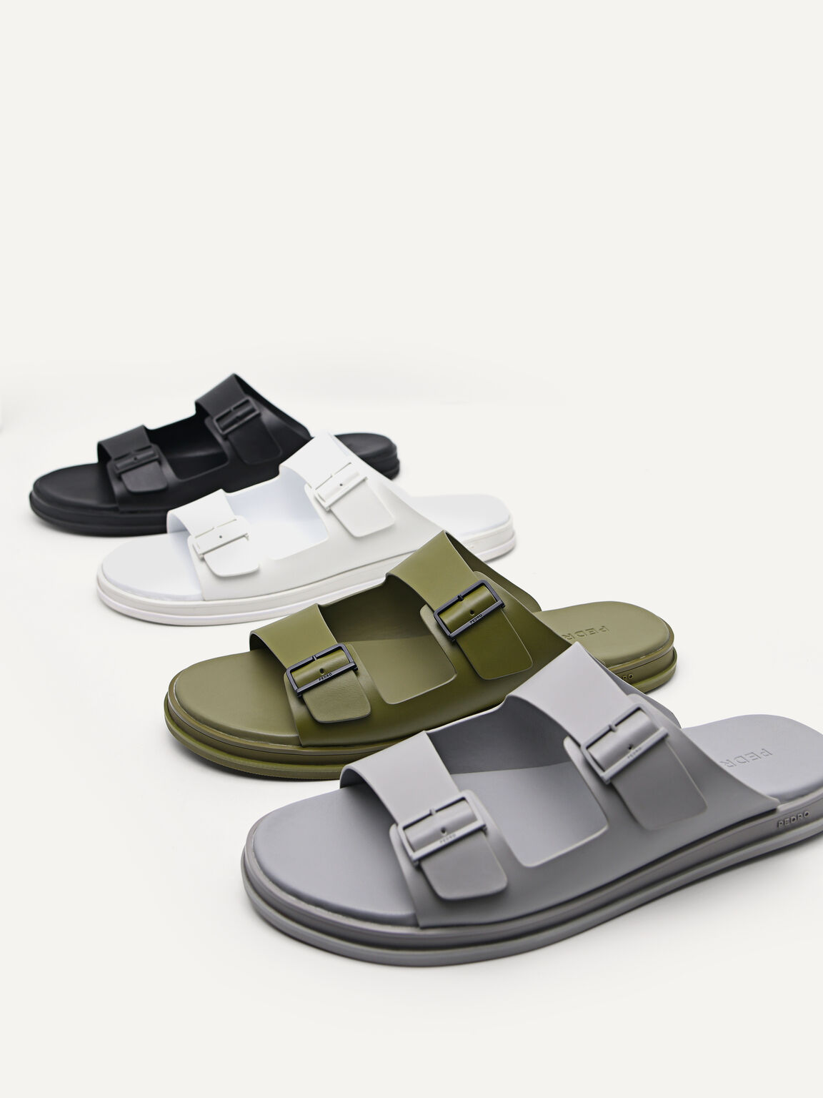 Monochrome Double Strap Slide Sandals, Light Grey