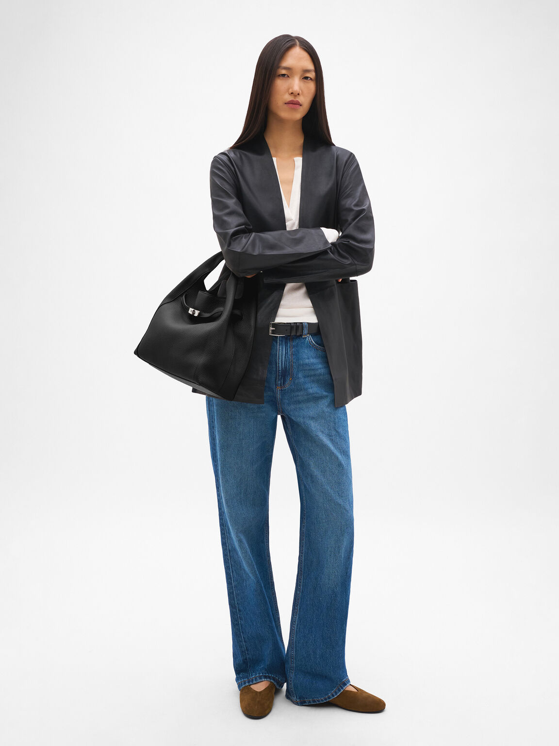 Danielle Large Leather Hobo Bag, Black Tumble