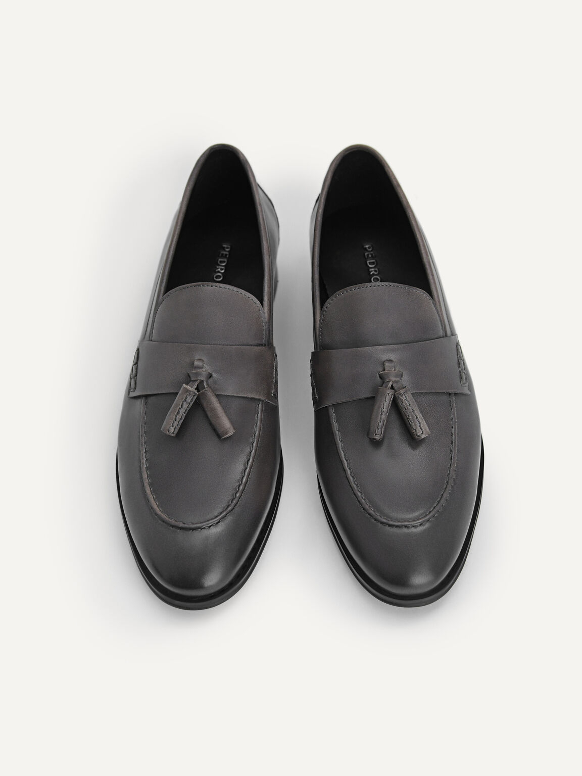 Burnished Leather Tasselled Loafers, Dark Grey, hi-res
