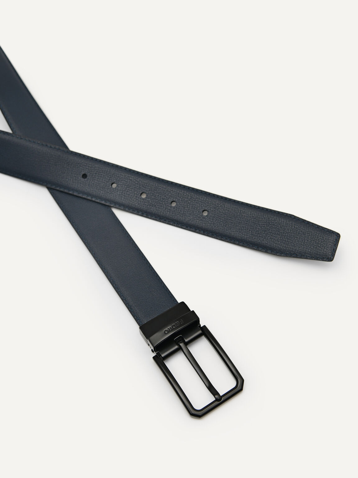 Reversible Embossed Leather Pin Belt, Black