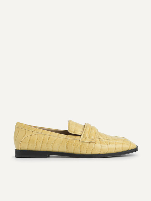 Croc-Effect Leather Loafers, Sand