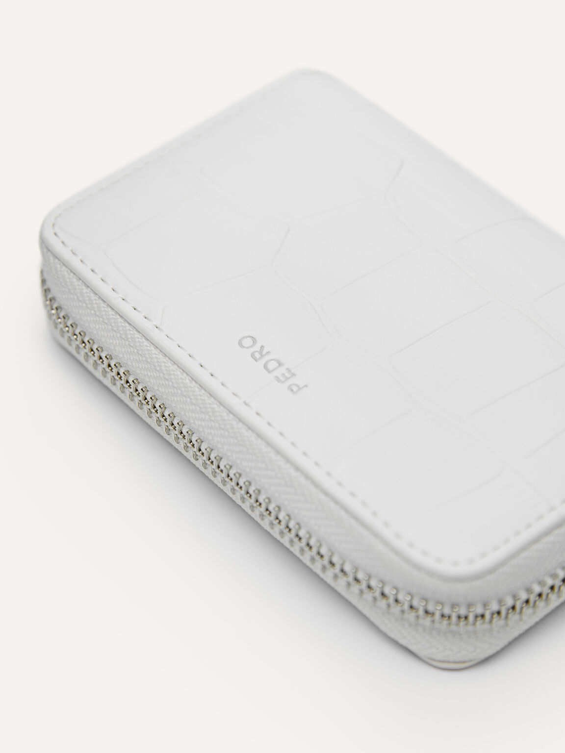 Leather Croc-Effect Pouch, White, hi-res