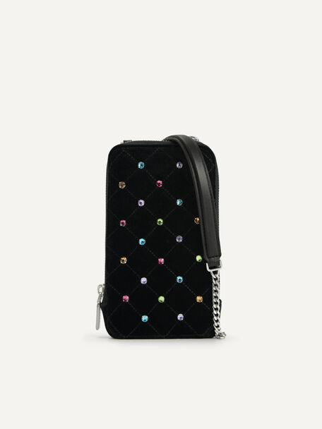 Quilted Pattern  Bejeweled Sling Pouch, Black, hi-res