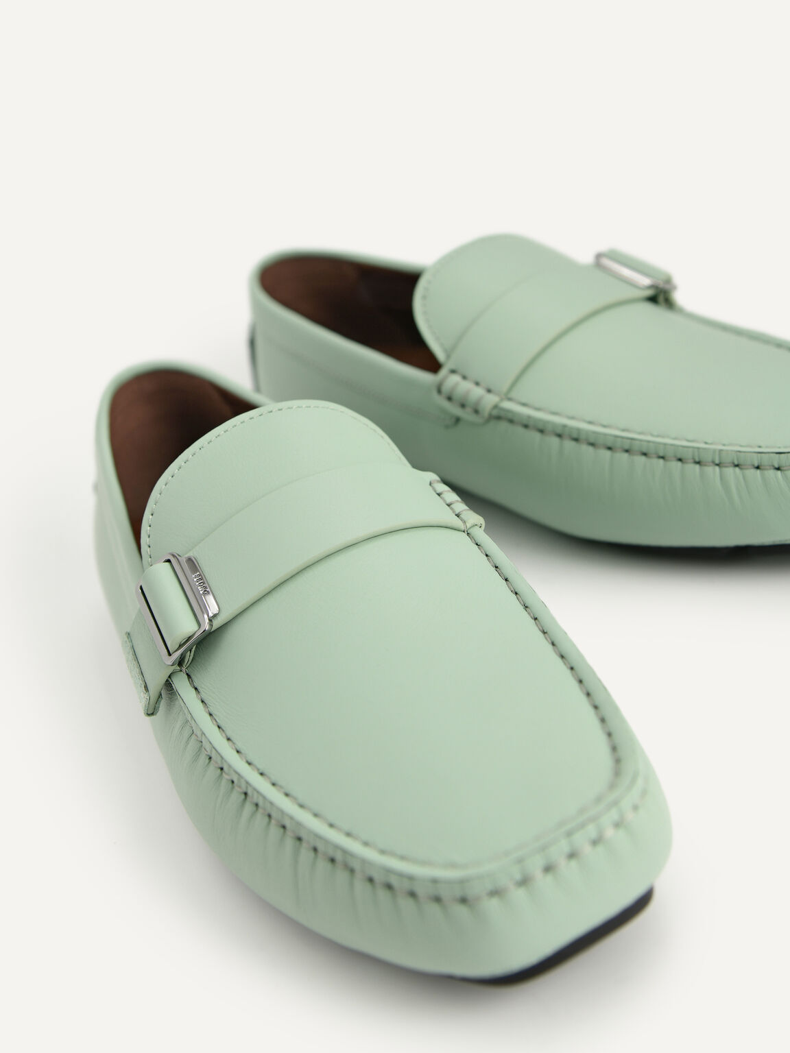 Leather Moccasins with Buckle Detail, Light Green