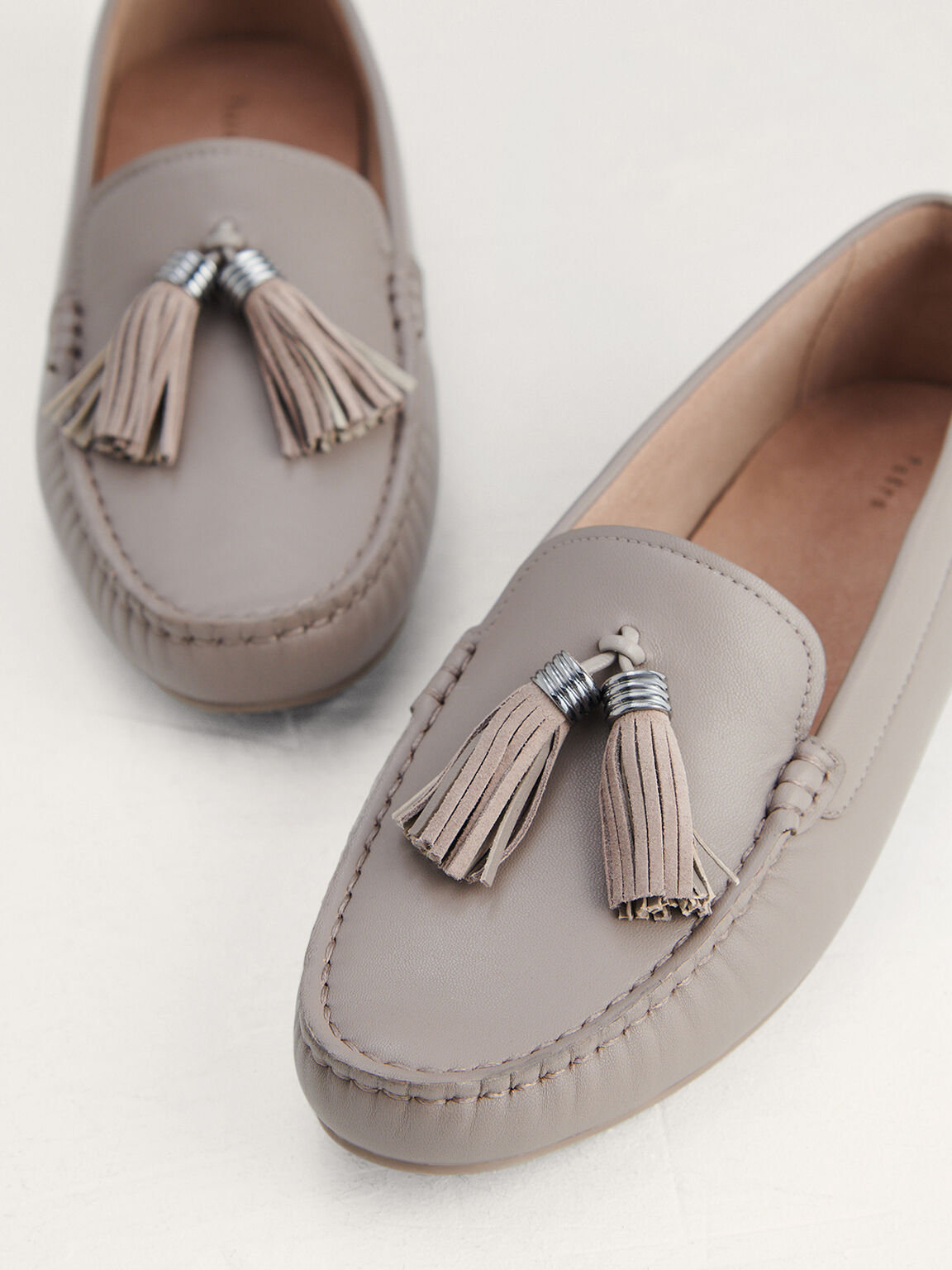 Tassel Detail Suede Moccasins, Taupe