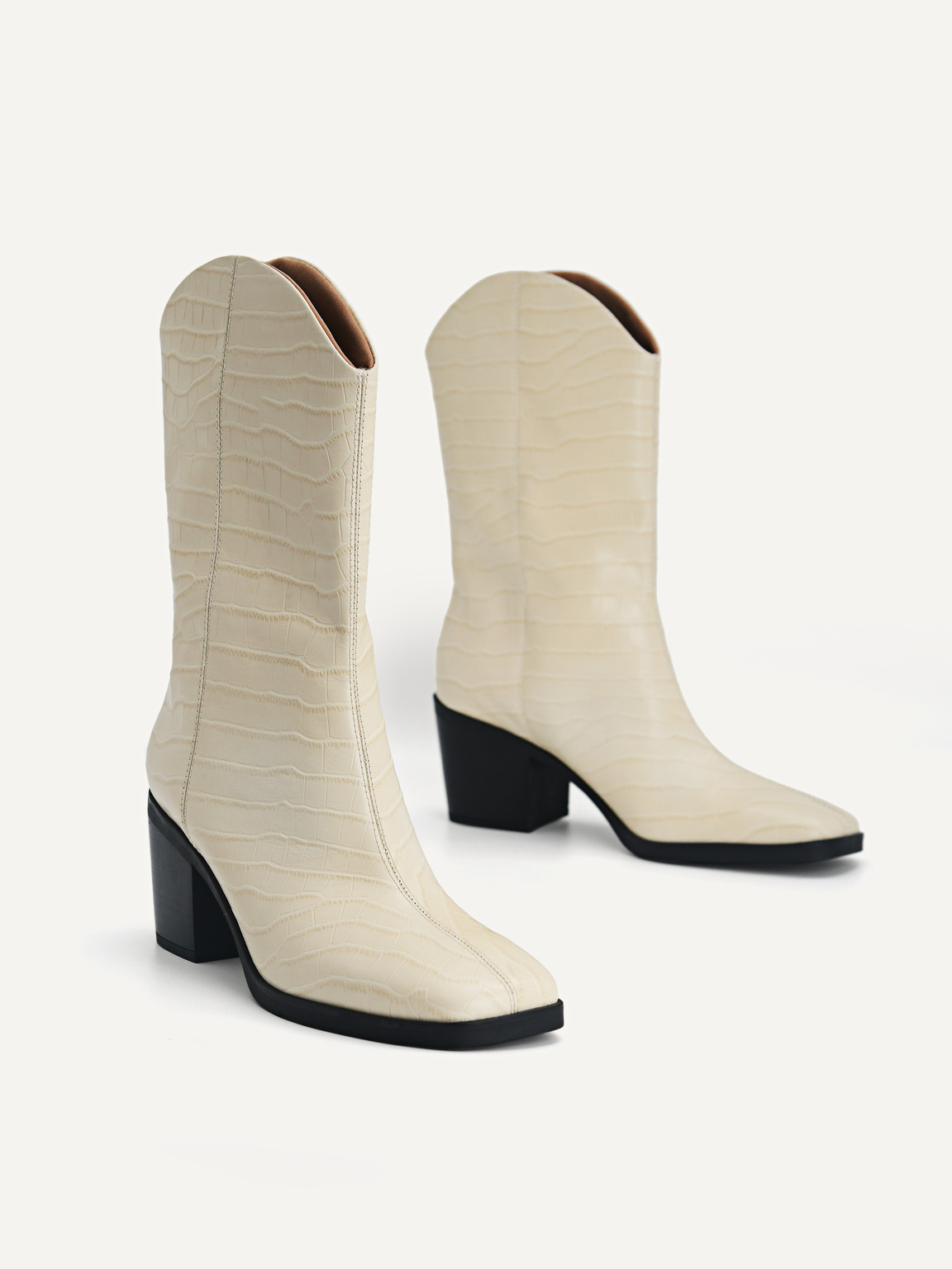 Croc-Effect Leather Ankle Boots, Light Yellow