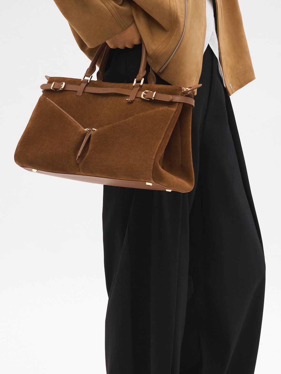 Vienna Suede Satchel Bag, Cognac Suede