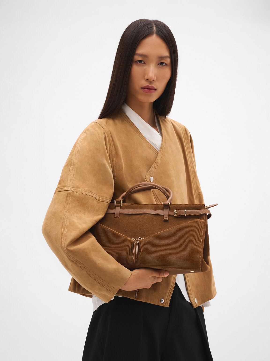 Vienna Suede Satchel Bag, Cognac Suede