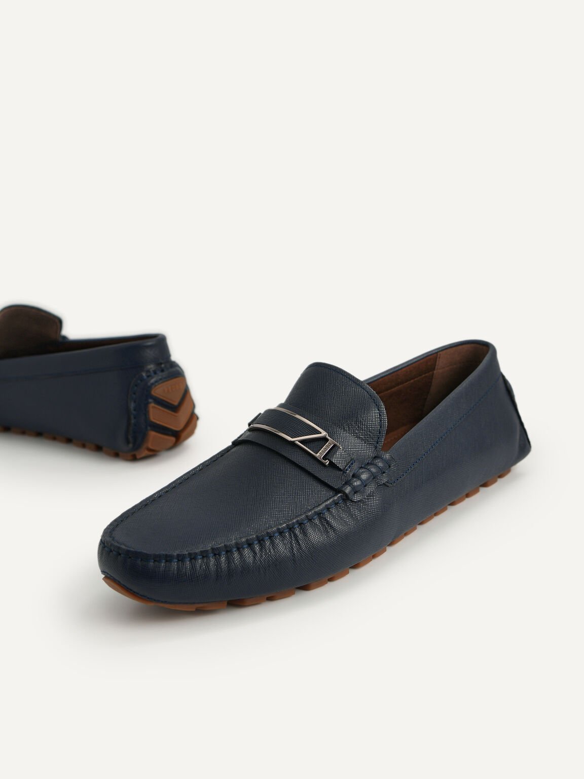 Leather Moccasins with Metal Bit, Navy, hi-res