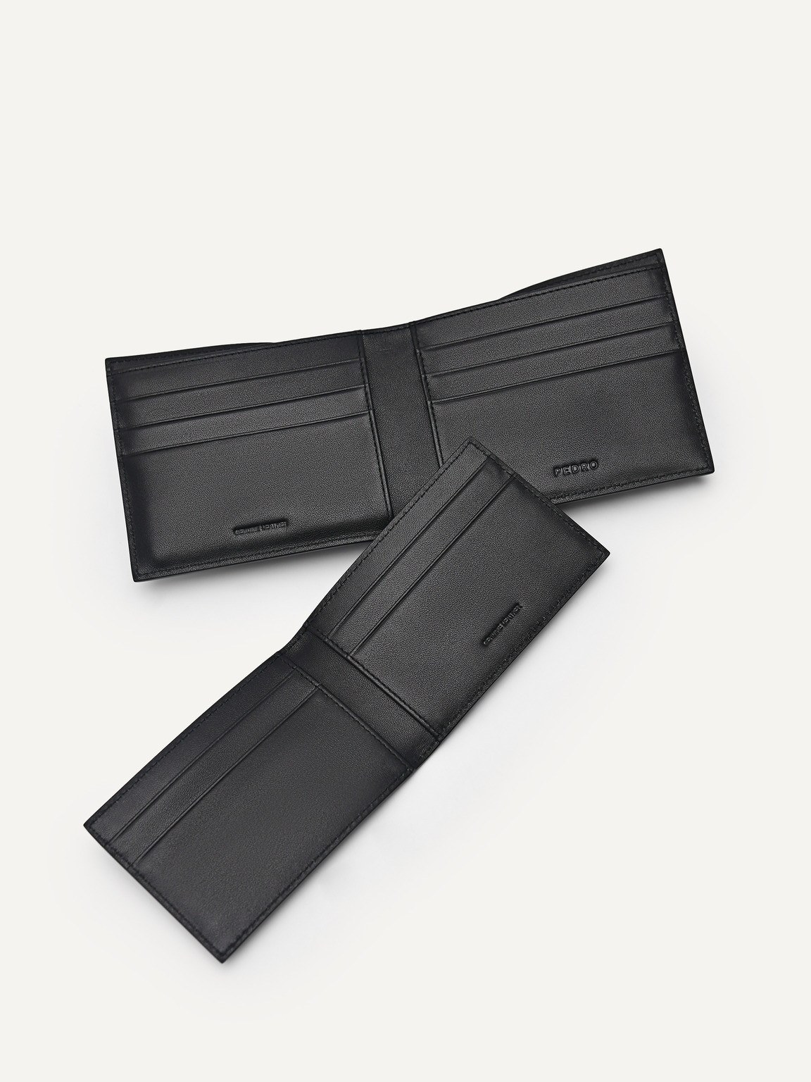 皮革雙折疊錢包配貼袋, 黑色