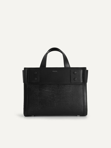 Lizard-Effect Leather Top Handle Bag, Black