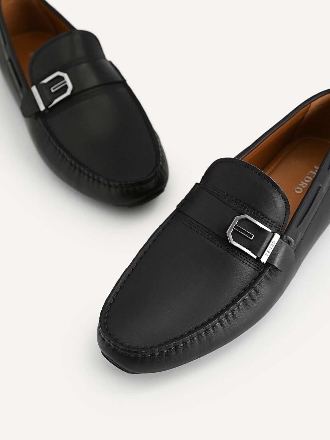 Leather Moccasins with Buckle Detailing, Black