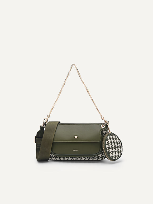 Houndstooth Double Flap Shoulder Bag, Military Green