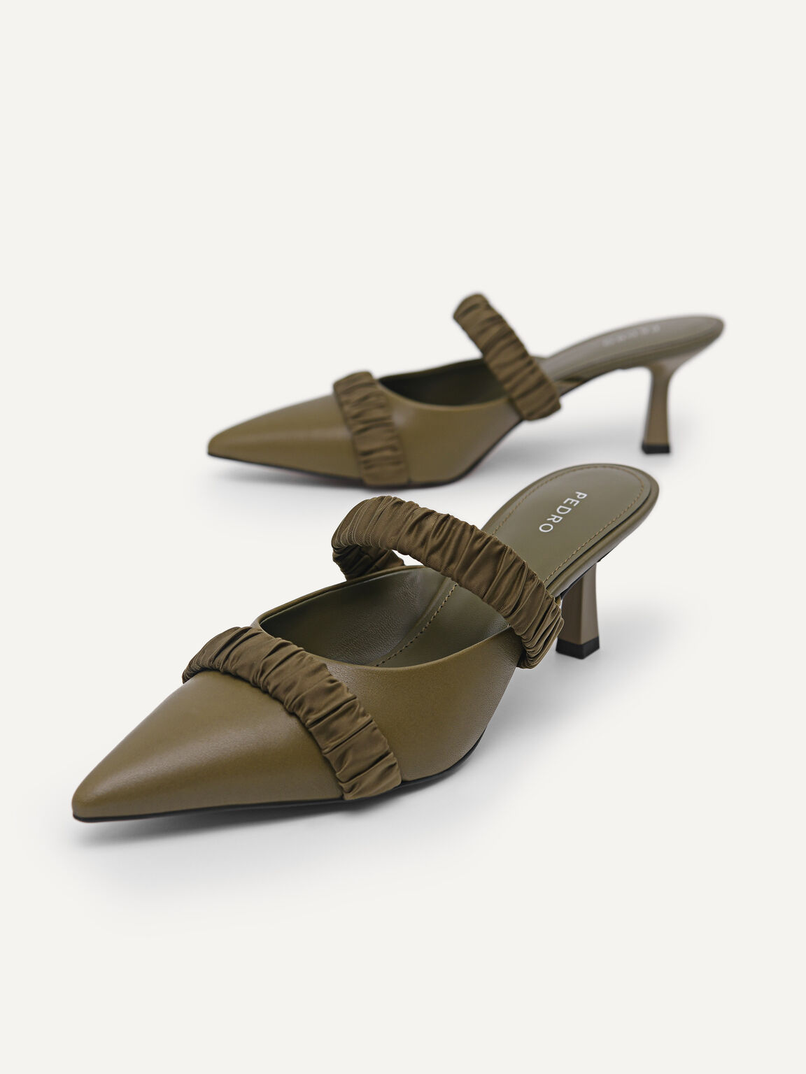 Leather Heeled Mules, Military Green