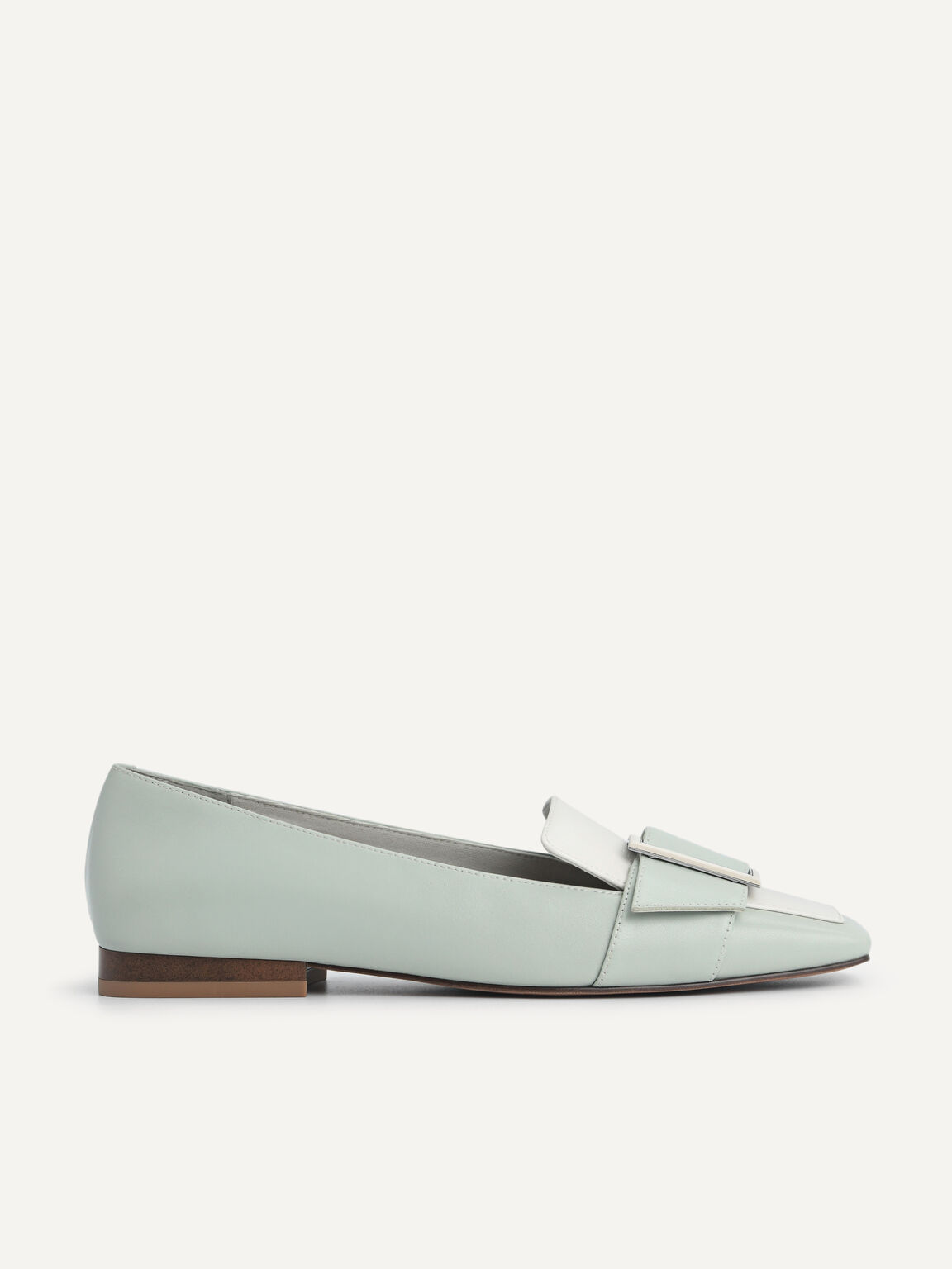 Oversized Buckle Leather Flats, Light Green