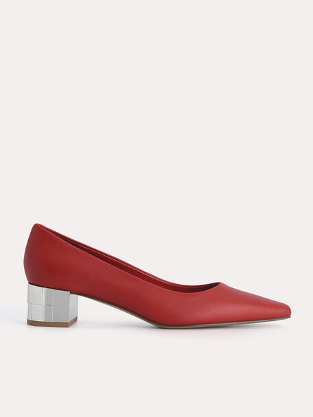 Square-Toe Leather Pumps, Red