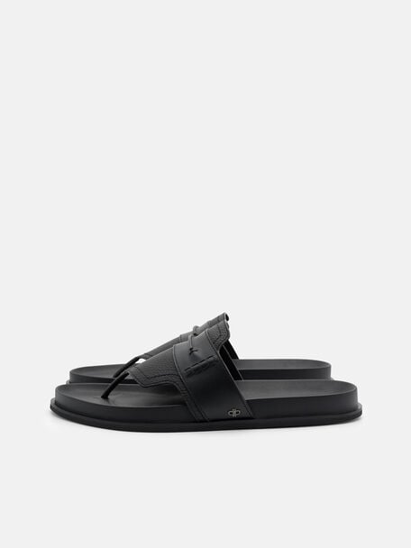 Tumbled Leather Penny Thong Sandals, Black Tumble