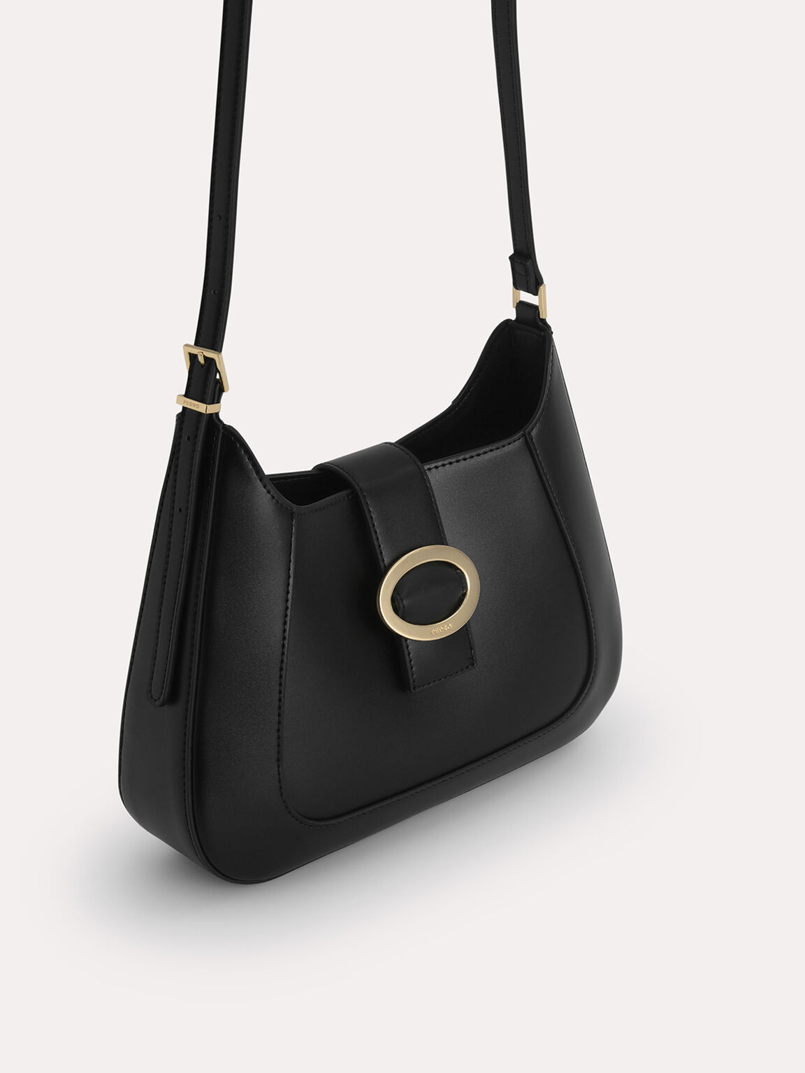 Top Handle Bag with Oval Buckle, Black