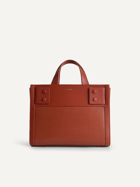 Lizard-Effect Leather Top Handle Bag, Brick