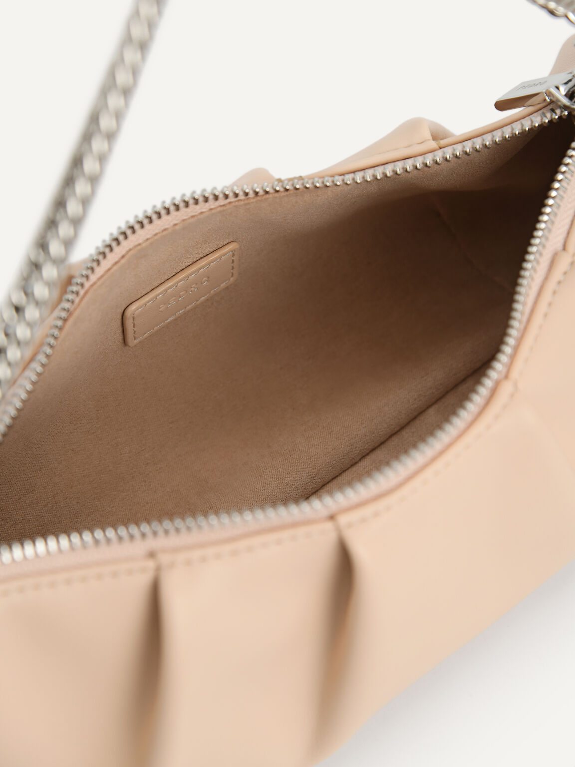 Chain Detailed Ruched Bowling Bag, Nude, hi-res