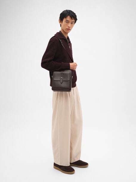 Boxy Saffiano Leather Crossbody Bag, Dark Brown Saffiano